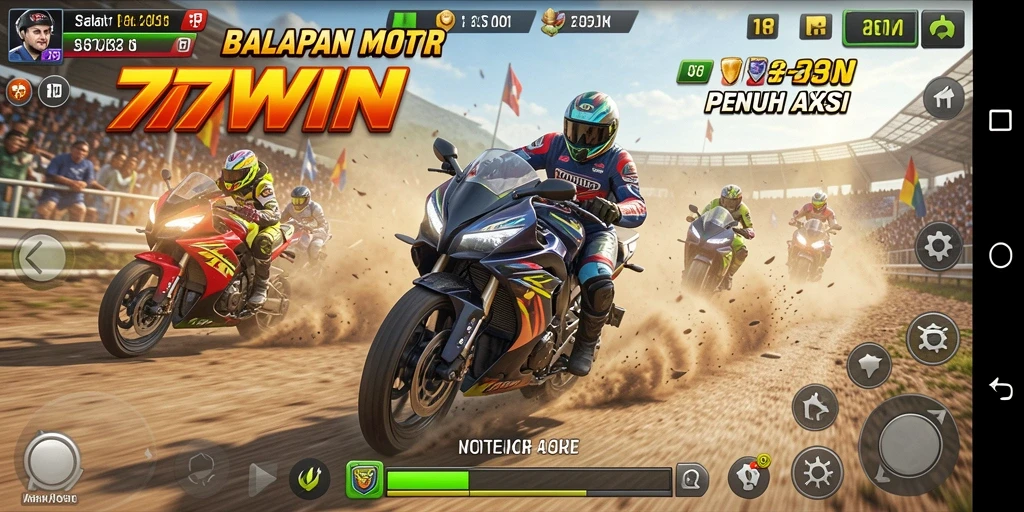 Screenshot gameplay 77WIN menunjukkan aksi balapan motor yang intens.