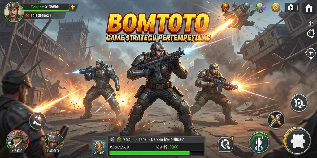 Screenshot utama BOMTOTO menampilkan pertempuran strategis yang menegangkan.