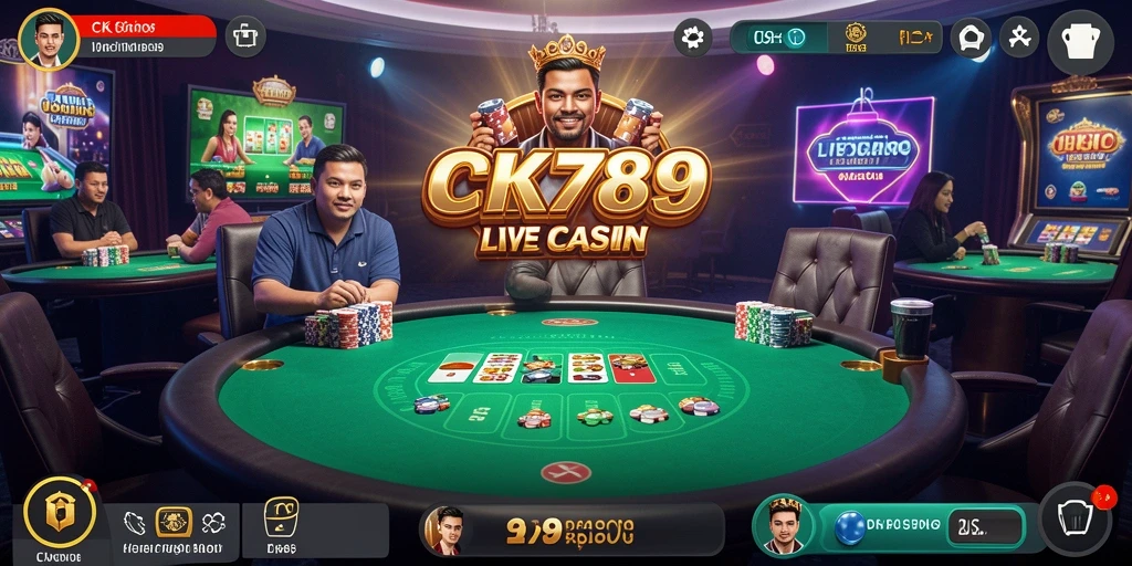 Screenshot gameplay CK789 menampilkan dealer langsung dan suasana kasino yang mendebarkan.