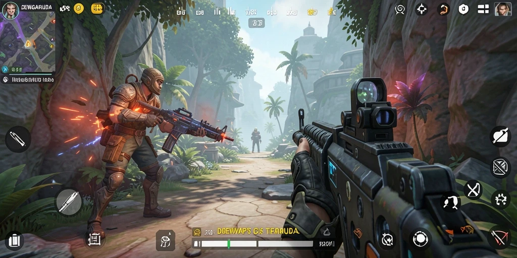 Tampilan gameplay mendebarkan di DEWAGARUDA dengan aksi tembak-menembak intens.