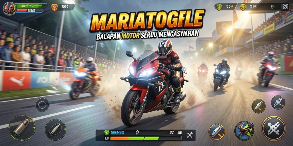 Screenshot gameplay MARIATOGEL yang menunjukkan balapan motor yang seru.
