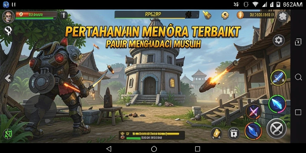 Screenshot gameplay RP62RP menampilkan aksi menara pertahanan yang menegangkan.