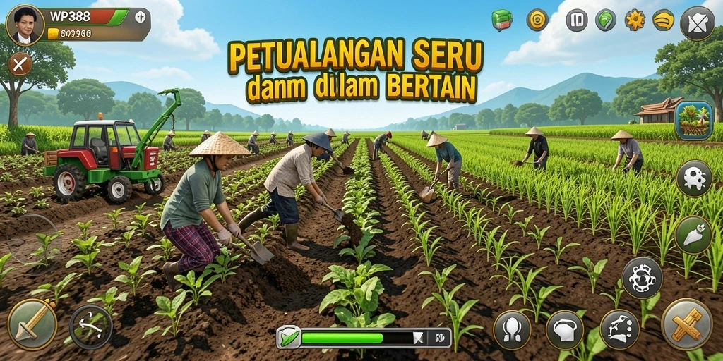 Tampilan gameplay WP888 dengan aktivitas bertani yang seru dan interaktif.